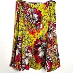 St. John chartreuse and Magenta midi metallic floral silk tulip skirt sz 10